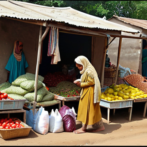 Home 4 **A poignant visual contrasting the struggles of inflation with the hope for economic stability in Pakistan.** Depict a modest Pakistani home where a worried mother carefully counts meager money, while an empty grocery basket sits nearby. Outside, a bustling yet expensive local market scene unfolds. Juxtapose this with a serene background showing vibrant, healthy agricultural fields and small, thriving local businesses, symbolizing effective government policies and a future of reduced poverty and prosperity for the common people. Include details like traditional attire and common market goods to enhance cultural relevance.