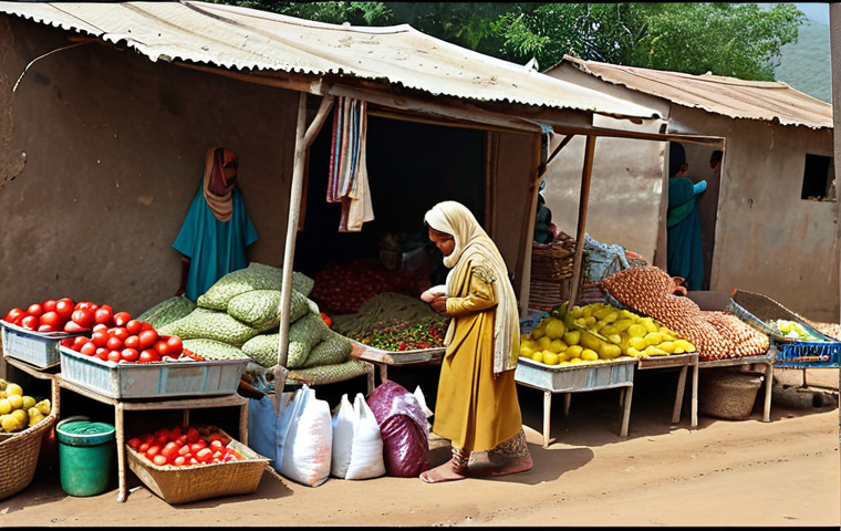 **A poignant visual contrasting the struggles of inflation with the hope for economic stability in Pakistan.** Depict a modest Pakistani home where a worried mother carefully counts meager money, while an empty grocery basket sits nearby. Outside, a bustling yet expensive local market scene unfolds. Juxtapose this with a serene background showing vibrant, healthy agricultural fields and small, thriving local businesses, symbolizing effective government policies and a future of reduced poverty and prosperity for the common people. Include details like traditional attire and common market goods to enhance cultural relevance.