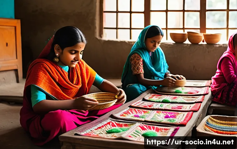 사회적 경제와 협동조합 - A vibrant, bustling indoor market or a brightly lit community workshop in a South Asian village sett...