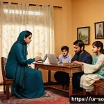 Home 22 사회적 역할 갈등 - A culturally rich family scene in a traditional Pakistani home, featuring a middle-aged man in forma...