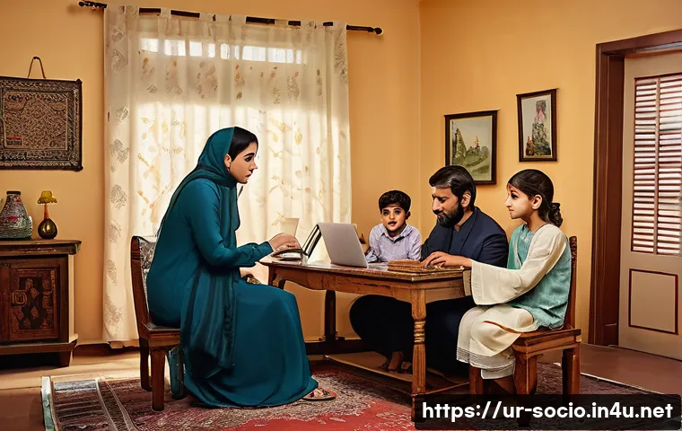 사회적 역할 갈등 - A culturally rich family scene in a traditional Pakistani home, featuring a middle-aged man in forma...
