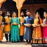 Home 21 청년 문화와 사회적 정체성 - A vibrant scene depicting young Urdu-speaking men and women at a cultural festival in Pakistan, wear...