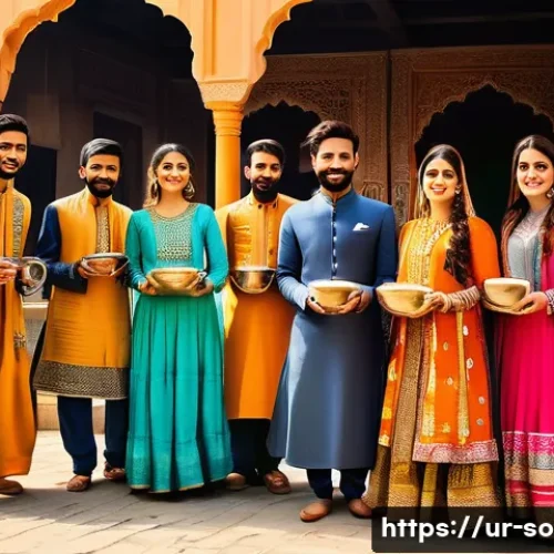 Home 33 청년 문화와 사회적 정체성 - A vibrant scene depicting young Urdu-speaking men and women at a cultural festival in Pakistan, wear...