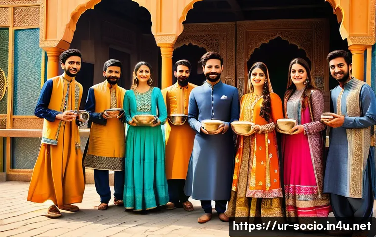 청년 문화와 사회적 정체성 - A vibrant scene depicting young Urdu-speaking men and women at a cultural festival in Pakistan, wear...
