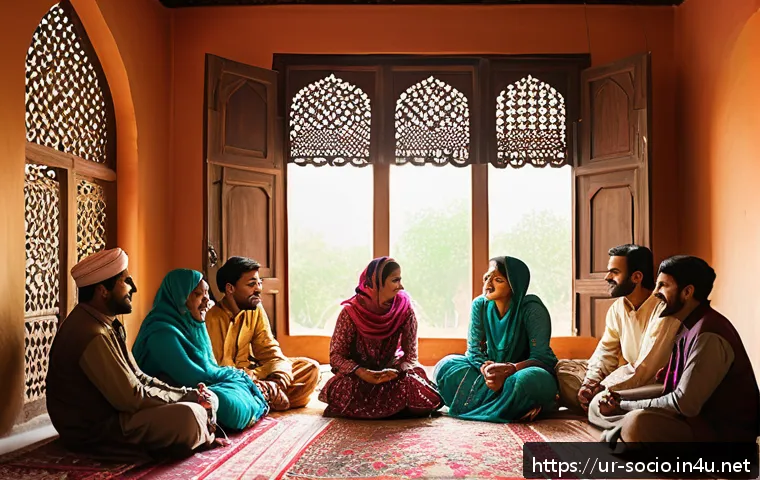 사회심리학 개론 - A warm, vibrant social gathering scene in a traditional Pakistani home, featuring a diverse group of...