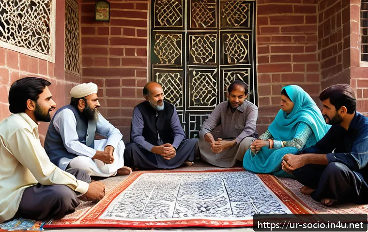 공동체 이론과 지역사회 연구 - A diverse community meeting scene in a vibrant Pakistani neighborhood, featuring men and women of va...