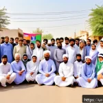Home 23 사회적 문제 해결 정책 - A vibrant community engagement scene in a Pakistani neighborhood, showing a diverse group of men, wo...