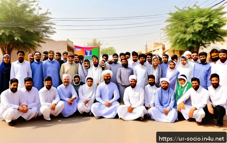 사회적 문제 해결 정책 - A vibrant community engagement scene in a Pakistani neighborhood, showing a diverse group of men, wo...