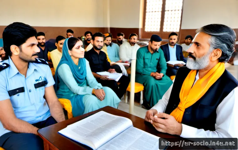 Home 17 사회윤리와 법적 규범 - Photorealistic Pakistani community mediation scene in a bright civic meeting room, diverse Urdu-spea...
